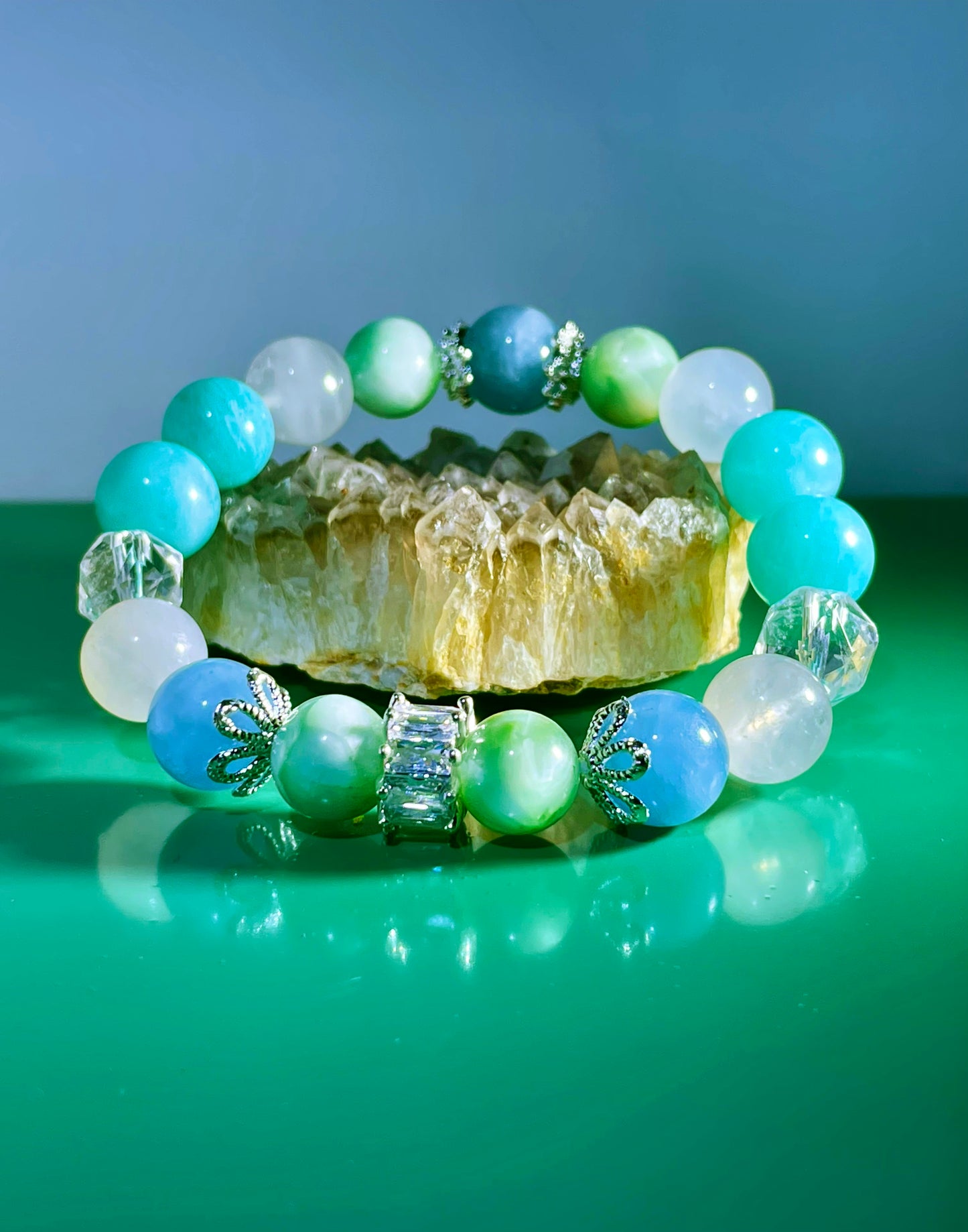 Amazonite + Blue Moonstone + Aquamarine + Green Vein Stone + Clear Quartz  #0002