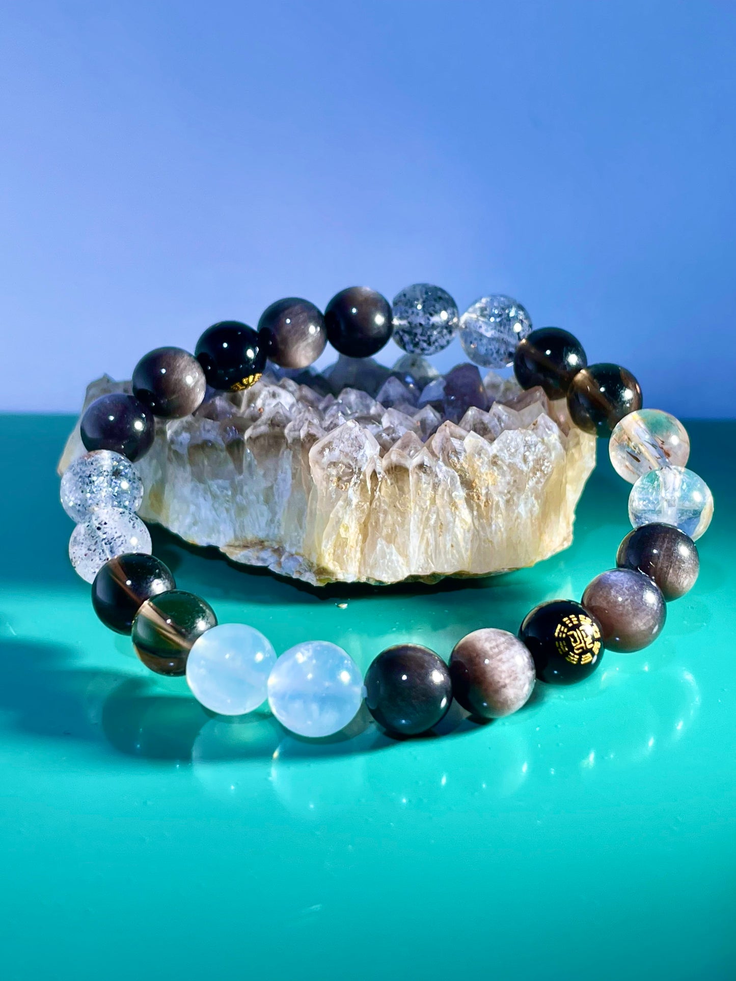 Silver Shine + Super Seven Venom + Aquamarine + Black Rutile Beads  #0012