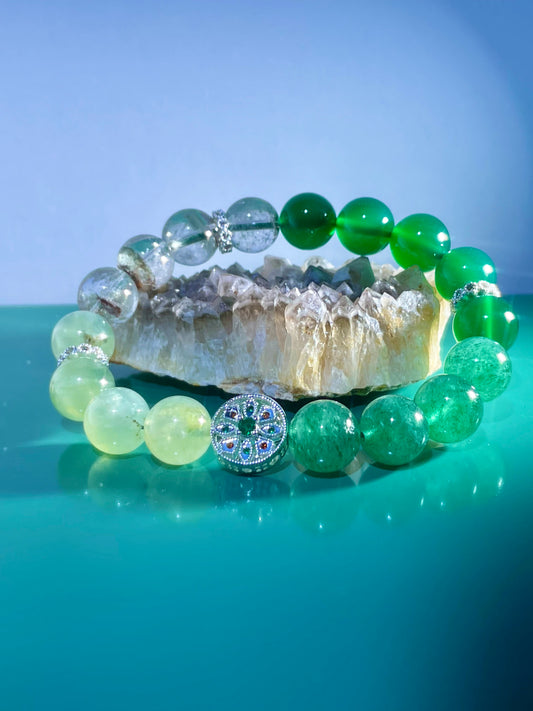 Prehnite + Green Strawberry Quartz + Green Phantom Quartz + Green Agate Beads #0005