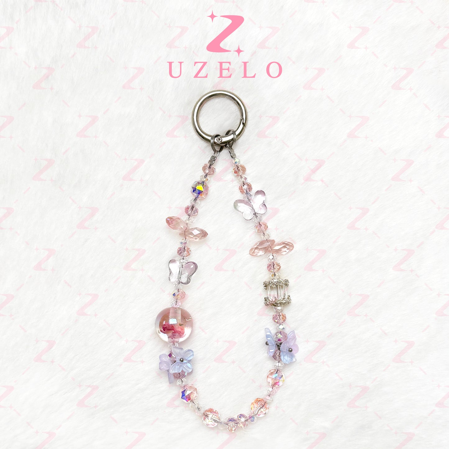 [Uzelo] Crystal Butterfly & Flower Orb – Phone Chain