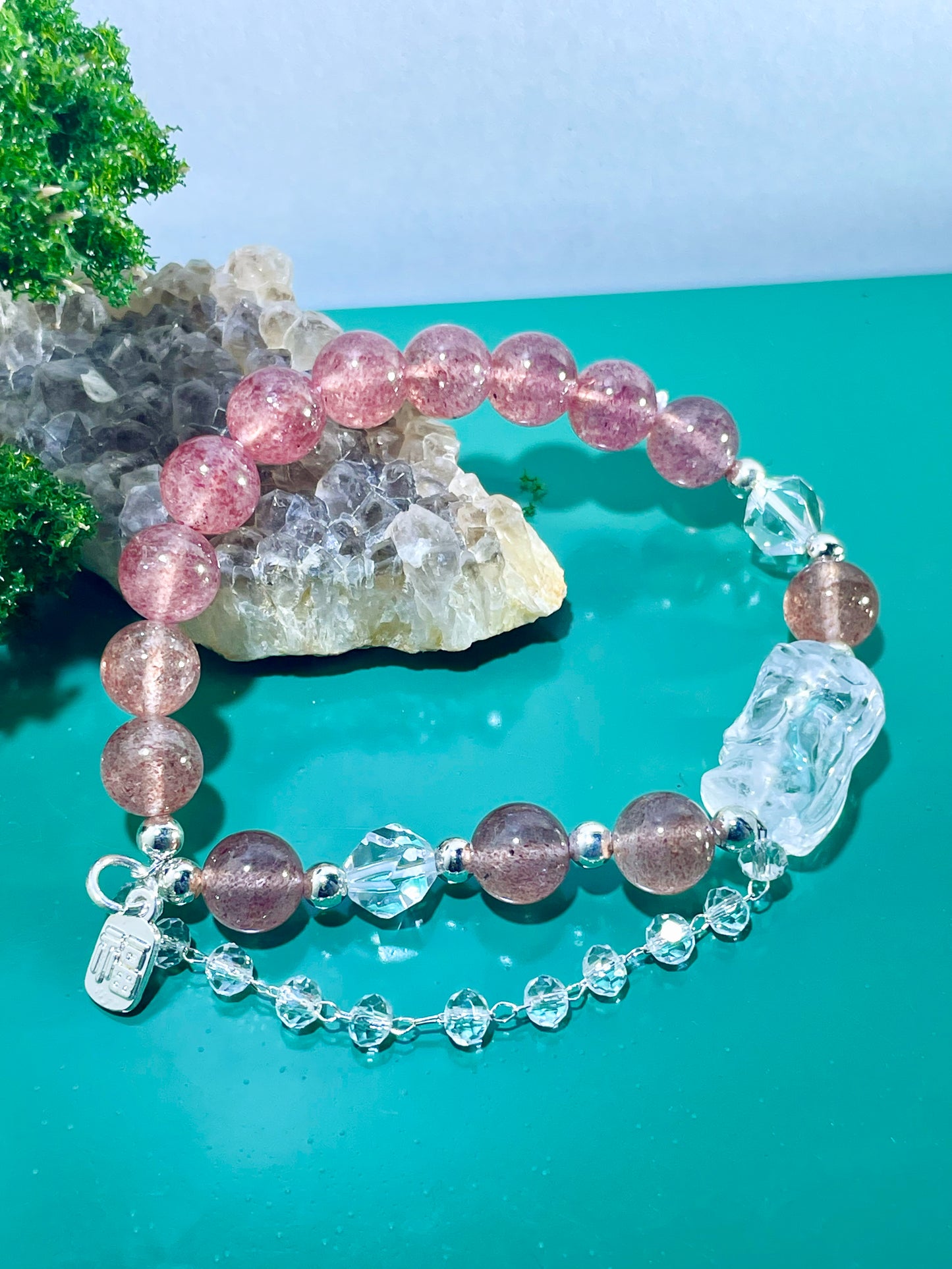 #0027 【Blossom Harmony】Strawberry Quartz, Faceted White Crystal, and Amber, Bracelet