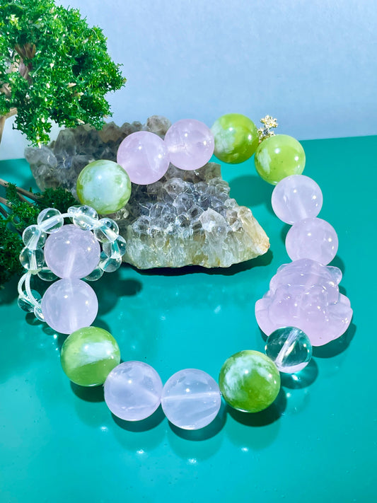 #0023 【Mystic Blossom】Grape Stone, Pink Quartz, and the enchanting Nine-Tailed Fox charm, Bracelet