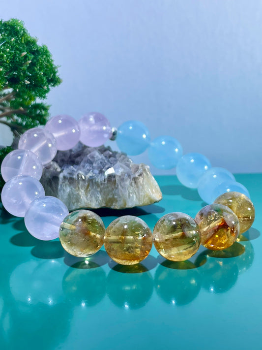 #0030 【Radiant Blossom】Strawberry Quartz, Faceted White Crystal, and Amber, Bracelet