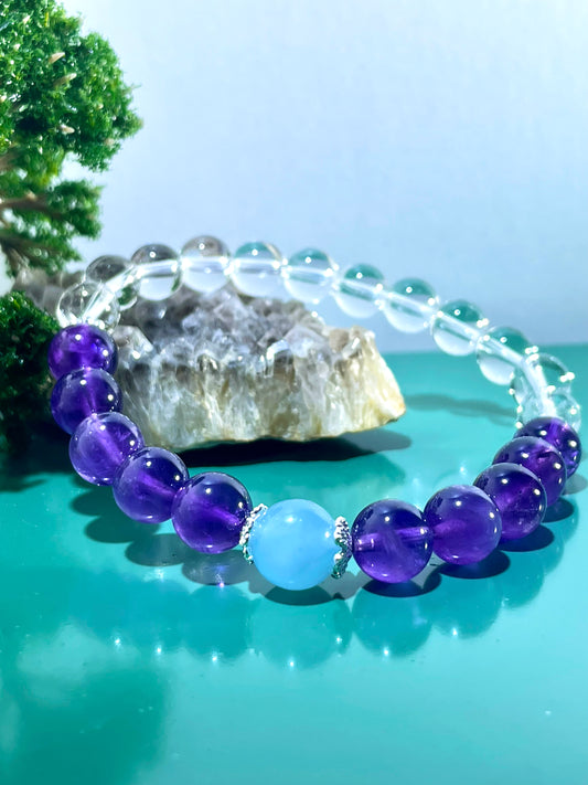 #0022 【Mystic Glow】Amethyst, White Crystal, and Aquamarine, Bracelet