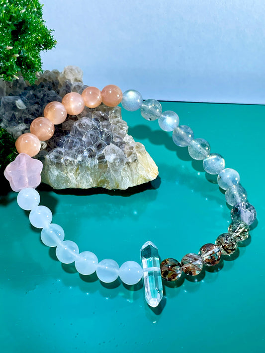 #0024 【Golden Twilight】Blue Moonstone, Golden Sun, Black Gold Super Seven, Amethyst, and Pink Quartz, Bracelet